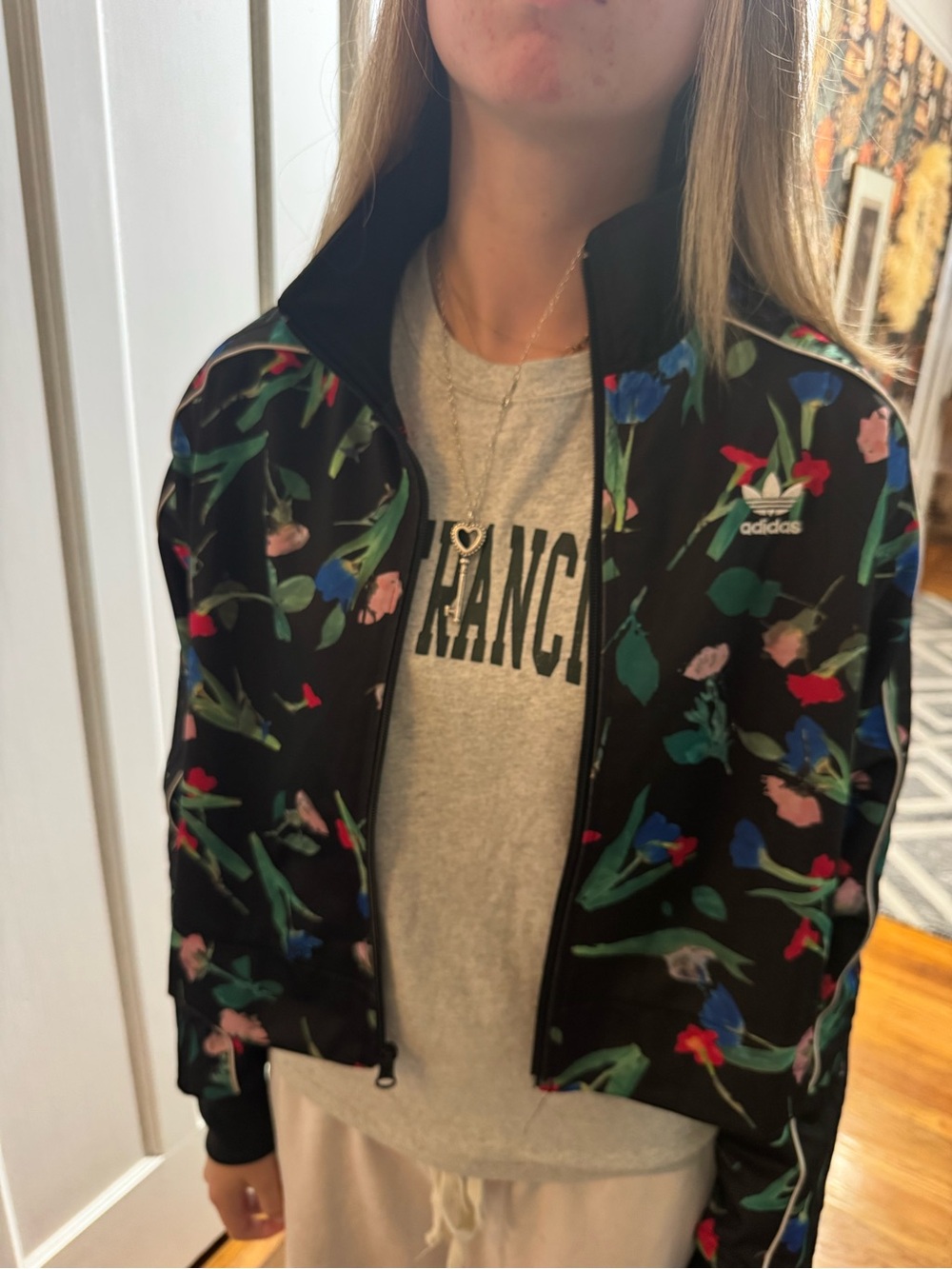 adidas Black Floral cropped track Jacket